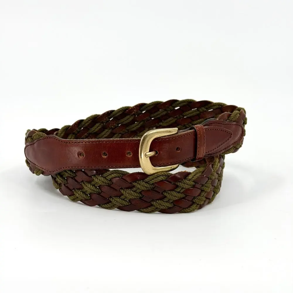 Vintage 90s Tuttle Golf Collection Brown Leather Green Cord Woven Belt